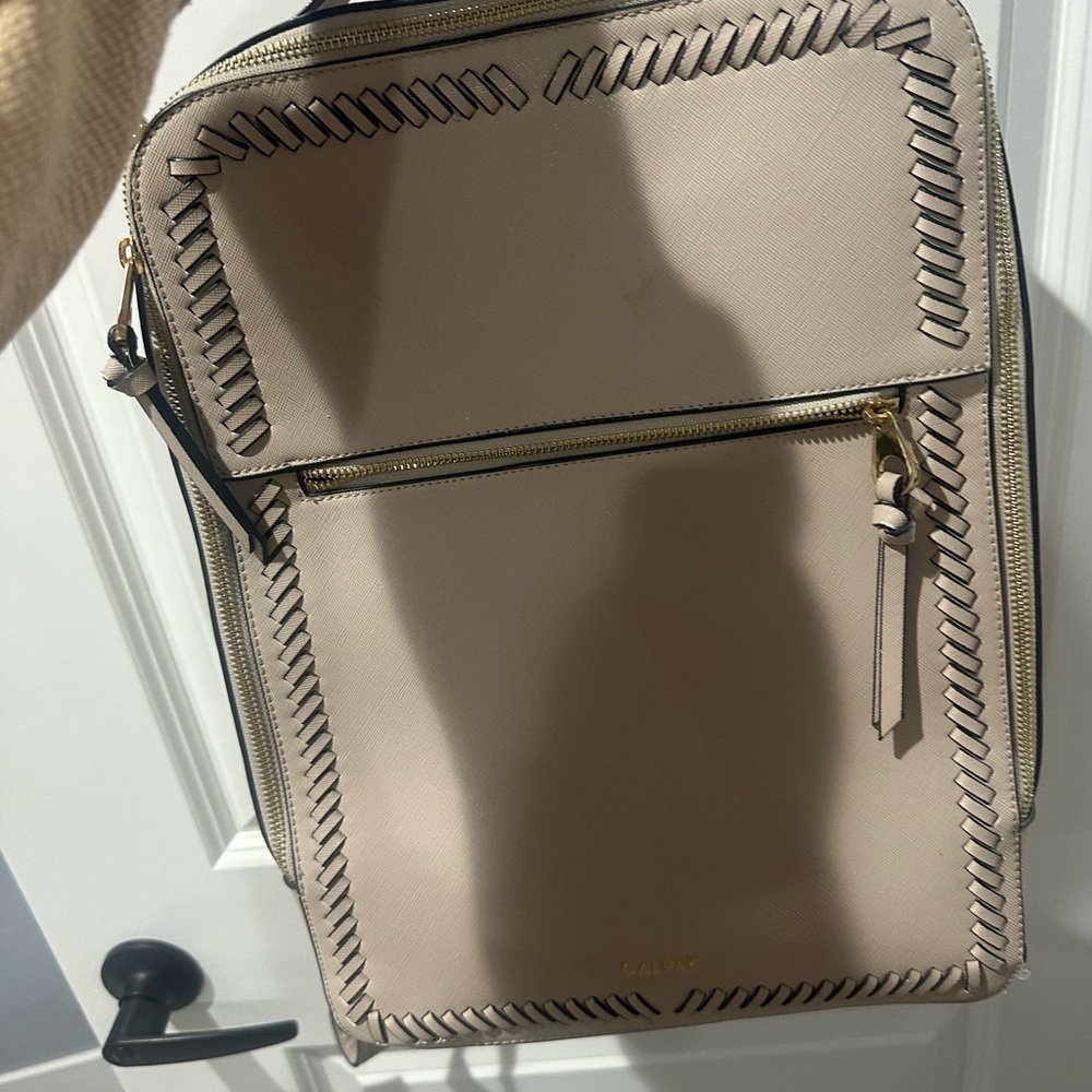 Calpak Beige/Tan Backpack with Whipstitch Trim